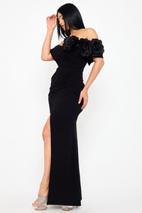 Symphony Dress - Flower Corsage On One Side Off The Shoulder Maxi Dress | Zezebe