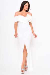 Symphony Dress - Flower Corsage On One Side Off The Shoulder Maxi Dress | Zezebe