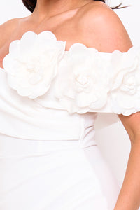 Symphony Dress - Flower Corsage On One Side Off The Shoulder Maxi Dress | Zezebe