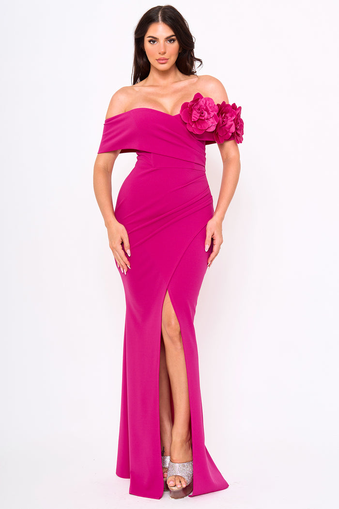 Symphony Dress - Flower Corsage On One Side Off The Shoulder Maxi Dress | Zezebe