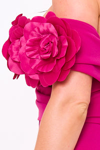 Symphony Dress - Flower Corsage On One Side Off The Shoulder Maxi Dress | Zezebe