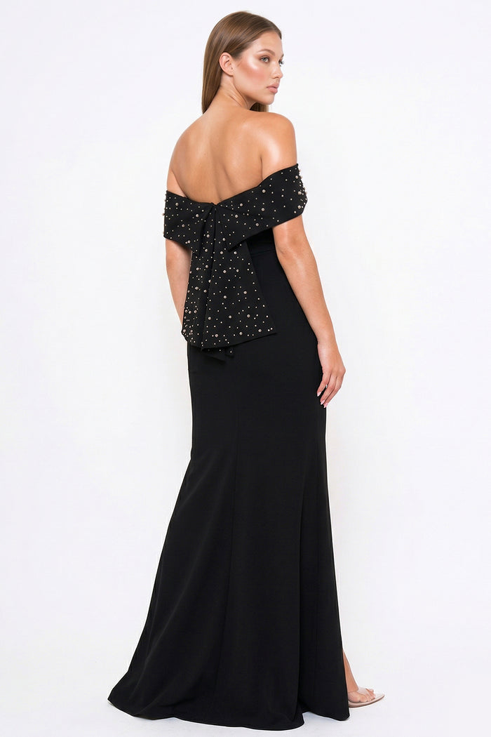 Symphony Dress - Pearl Beaded Detail Off The Shoulder Mermaid Maxi Dress | Zezebe