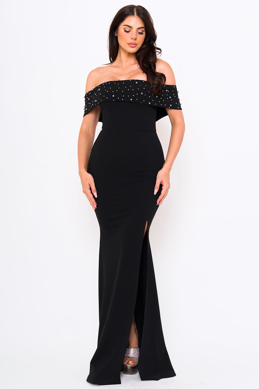 Symphony Dress - Pearl Beaded Detail Off The Shoulder Mermaid Maxi Dress | Zezebe