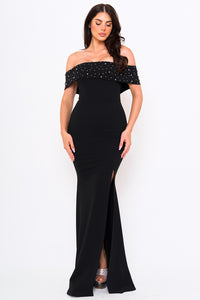 Symphony Dress - Pearl Beaded Detail Off The Shoulder Mermaid Maxi Dress | Zezebe
