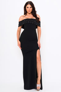 Symphony Dress - Pearl Beaded Detail Off The Shoulder Mermaid Maxi Dress | Zezebe