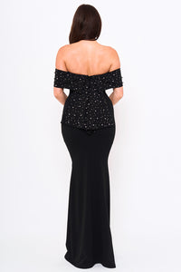 Symphony Dress - Pearl Beaded Detail Off The Shoulder Mermaid Maxi Dress | Zezebe