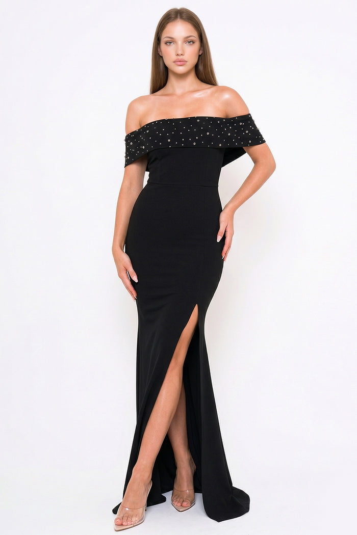 Pearl Beaded Detail Off The Shoulder Mermaid Maxi Dress