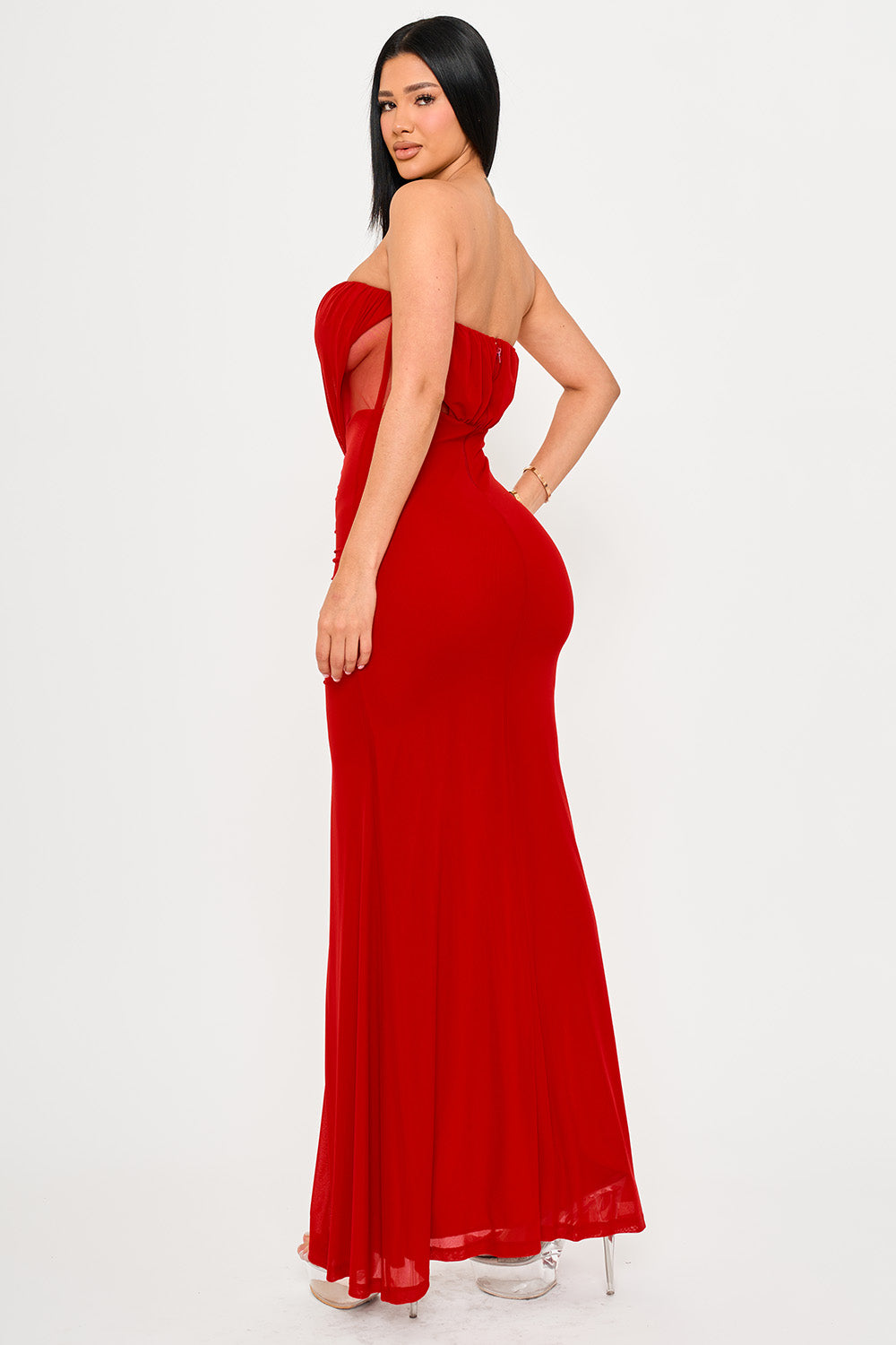 Symphony Dress - Shirring Detail With Mesh Side Maxi Dress | Zezebe