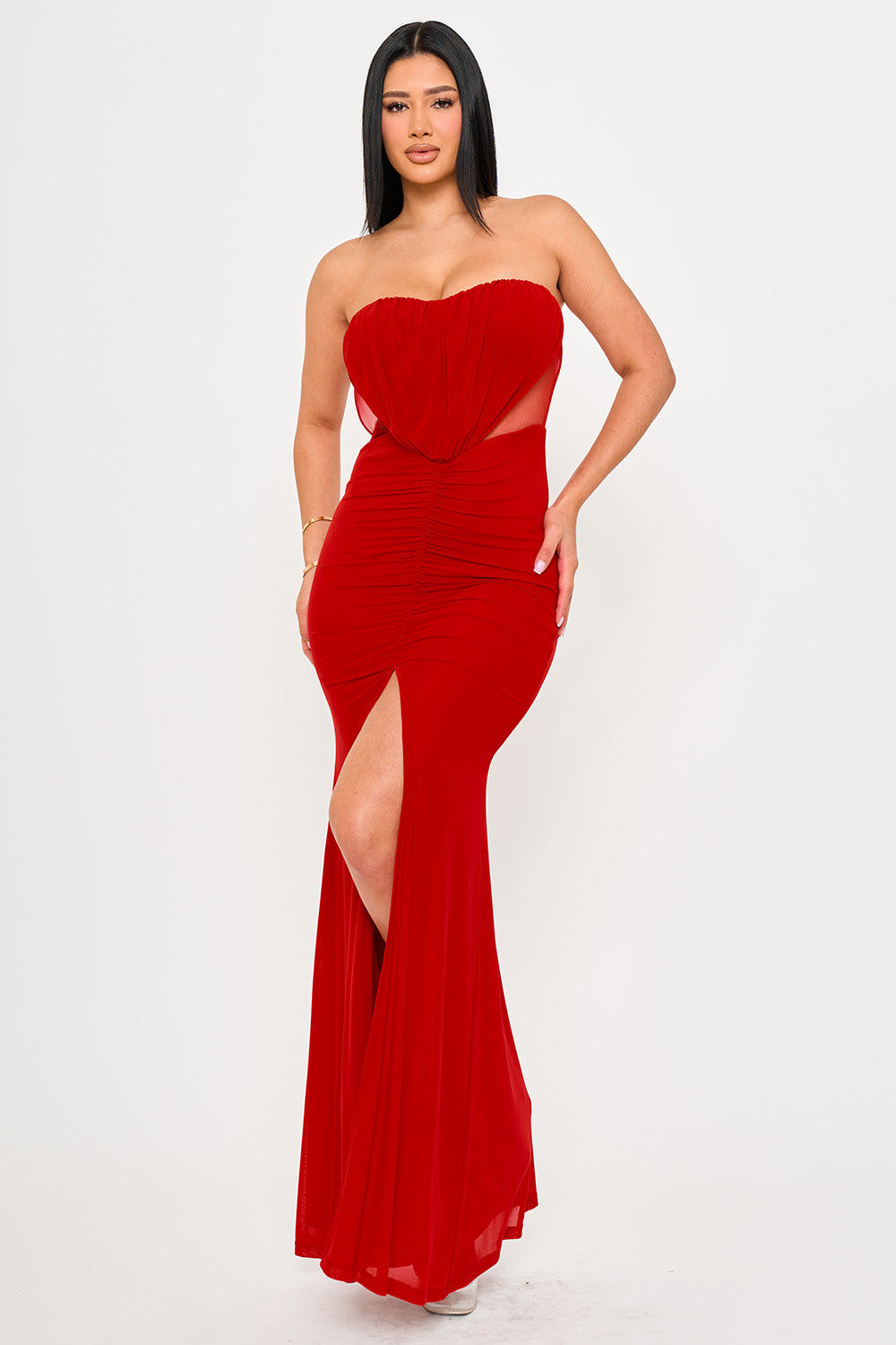 Symphony Dress - Shirring Detail With Mesh Side Maxi Dress | Zezebe