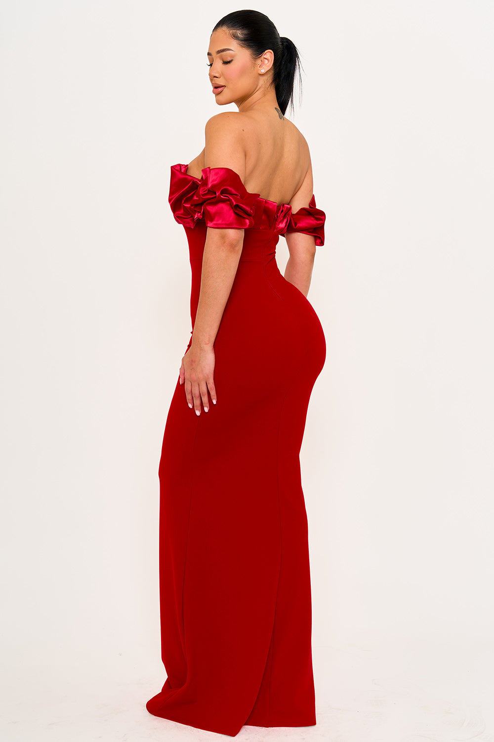 Symphony Dress - Satin Ruffle And Techno Crepe Contrast Maxi Dress | Zezebe