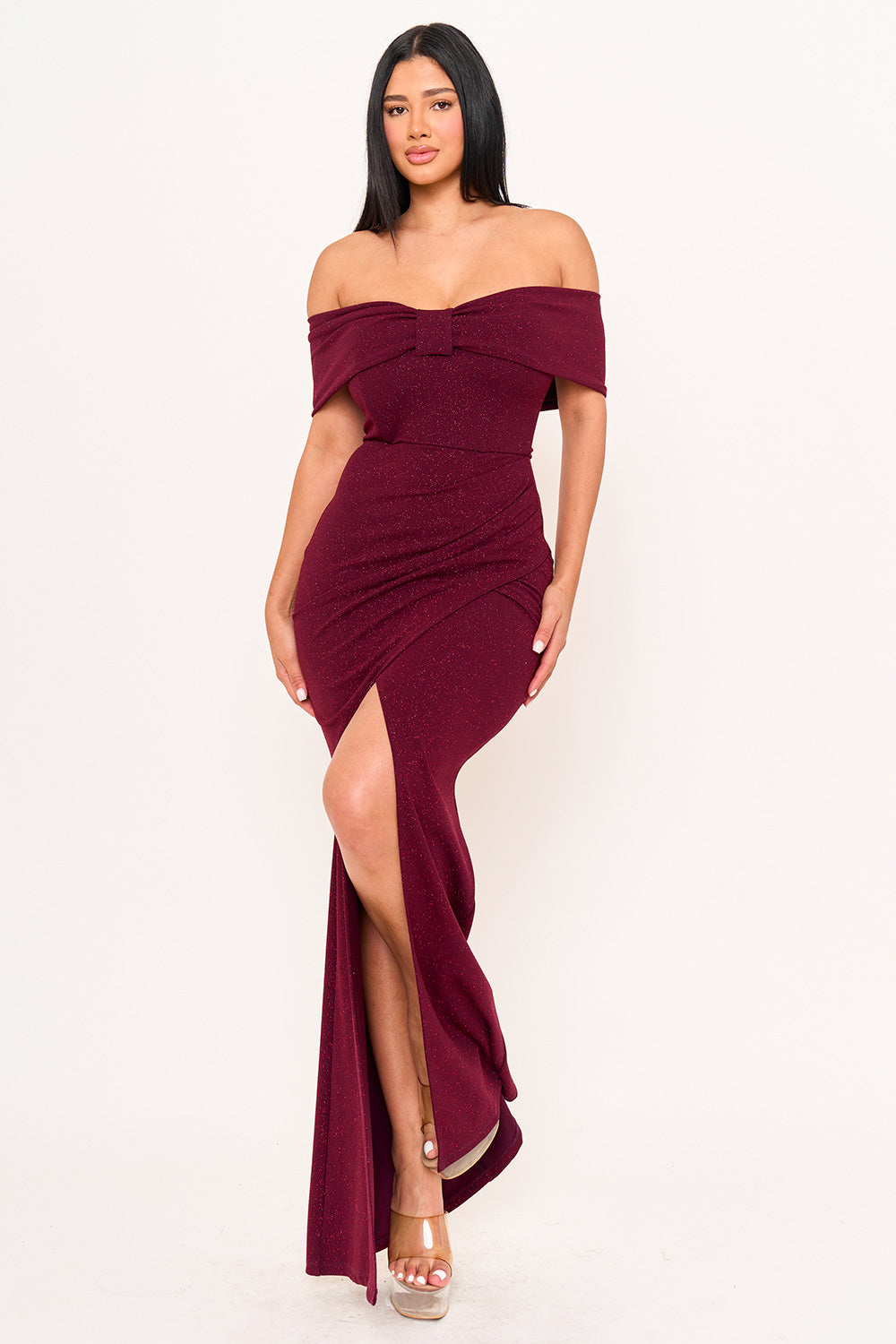 Symphony Dress - Glitter Bow Front Off The Shoulder Maxi Dress | Zezebe