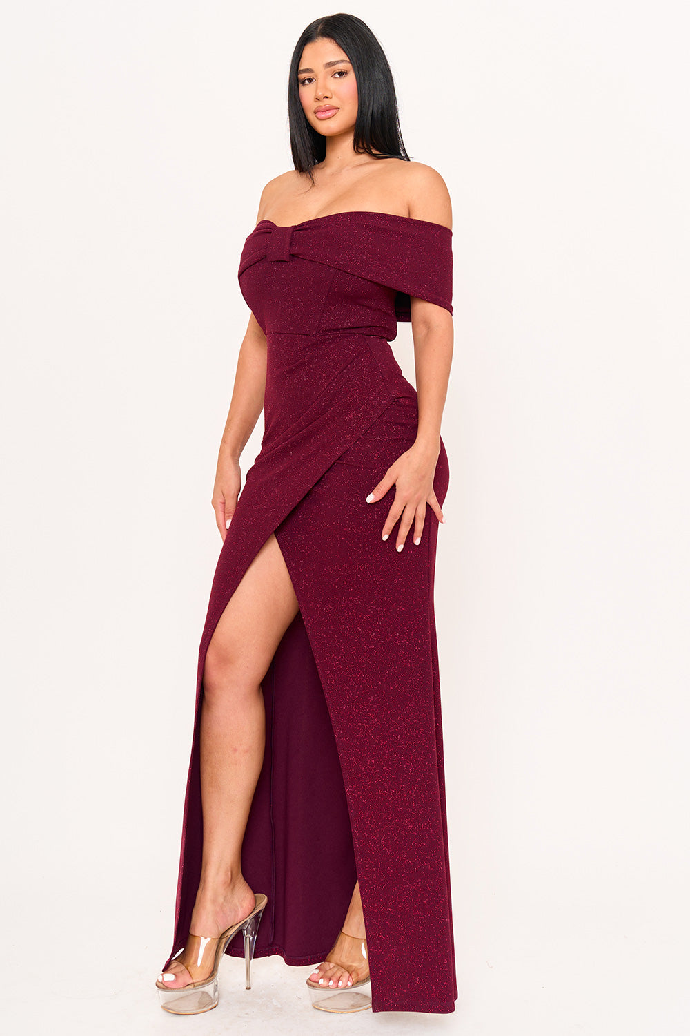 Symphony Dress - Glitter Bow Front Off The Shoulder Maxi Dress | Zezebe