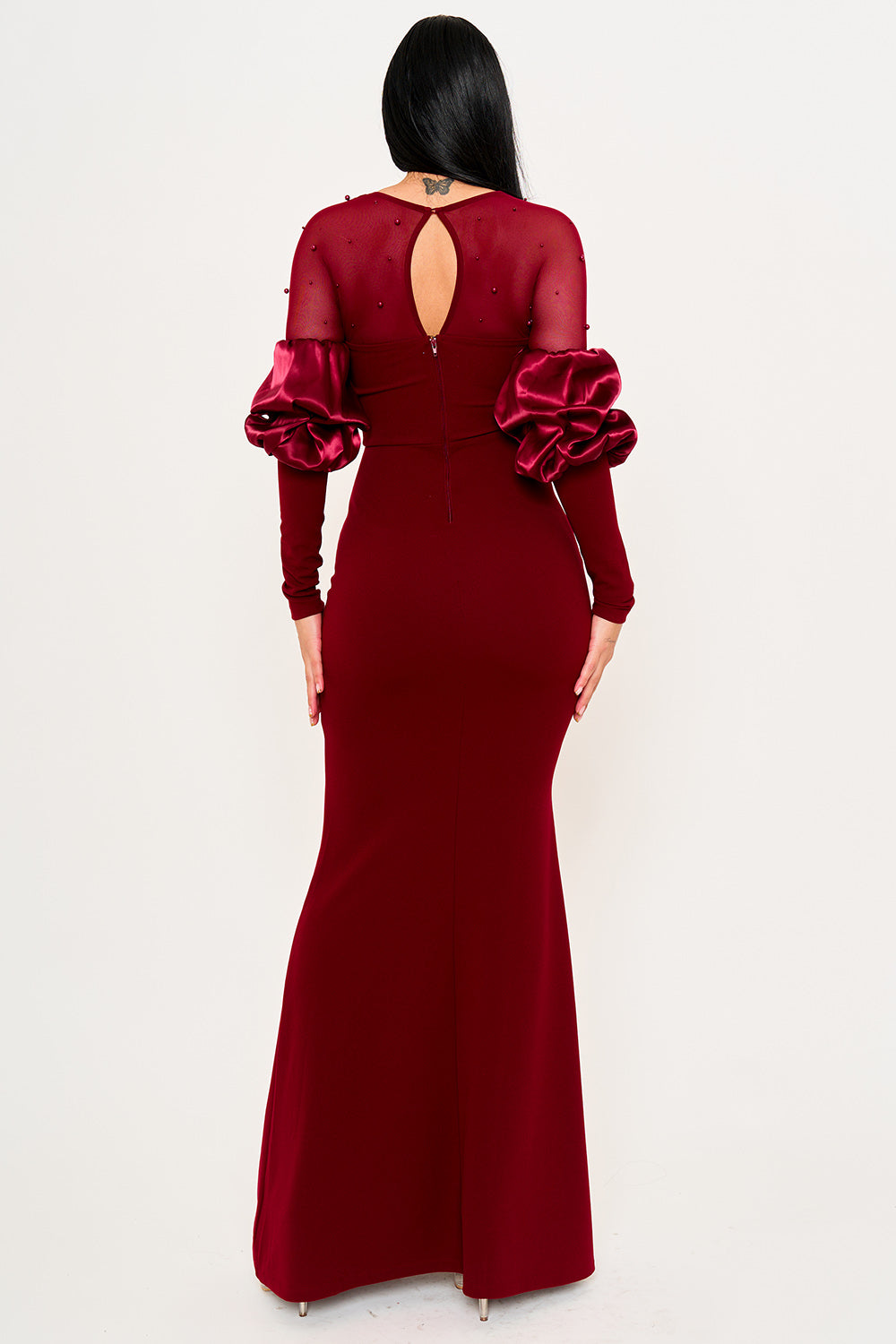 Symphony Dress - Pearls On Mesh With Puff Sleeve Maxi Dress | Zezebe