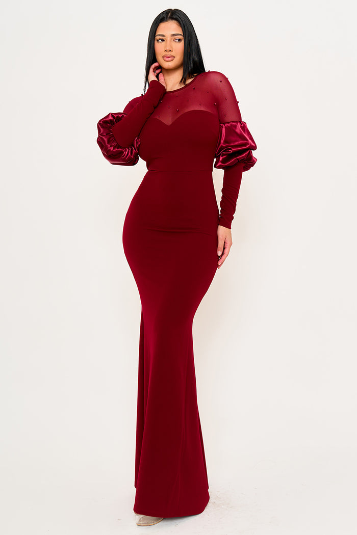 Symphony Dress - Pearls On Mesh With Puff Sleeve Maxi Dress | Zezebe