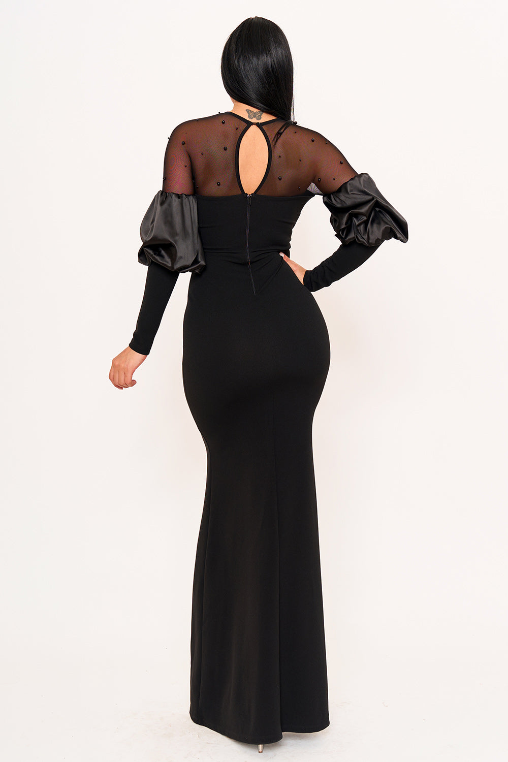 Symphony Dress - Pearls On Mesh With Puff Sleeve Maxi Dress | Zezebe