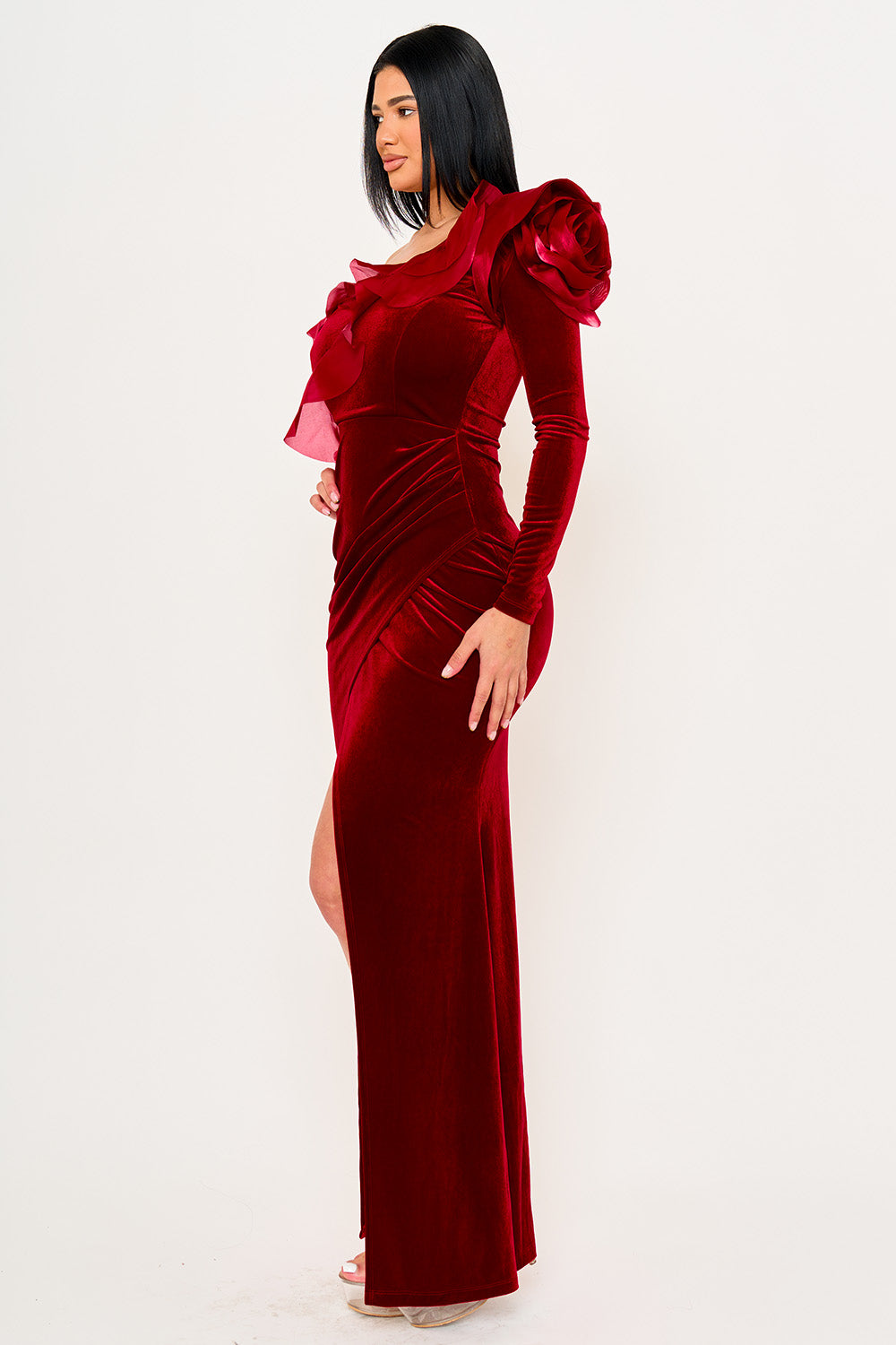 Symphony Dress - Mesh Ruffle On Velvet One Shoulder Maxi Dress | Zezebe