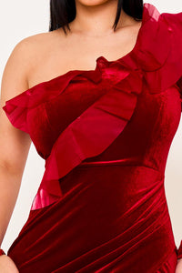 Symphony Dress - Mesh Ruffle On Velvet One Shoulder Maxi Dress | Zezebe