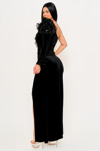 Symphony Dress - Mesh Ruffle On Velvet One Shoulder Maxi Dress | Zezebe