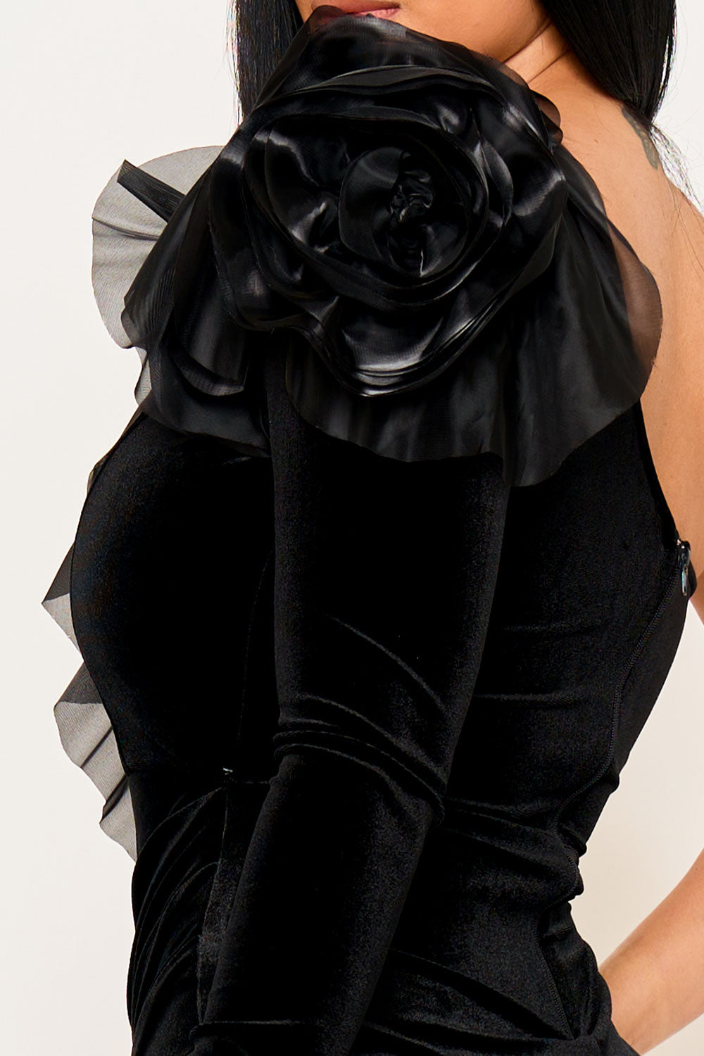 Symphony Dress - Mesh Ruffle On Velvet One Shoulder Maxi Dress | Zezebe