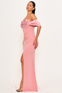 Symphony Dress - Rolled Up Flower Detail Off The Shoulder Maxi Dress | Zezebe