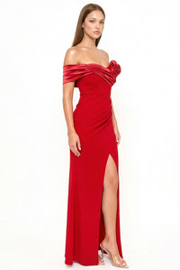 Rolled Up Flower Detail Off The Shoulder Maxi Dress