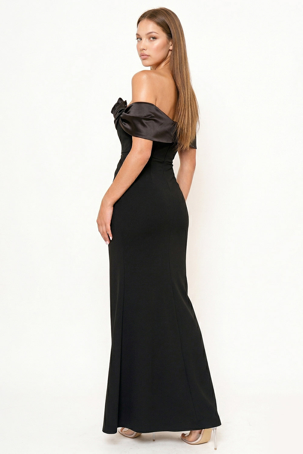 Rolled Up Flower Detail Off The Shoulder Maxi Dress
