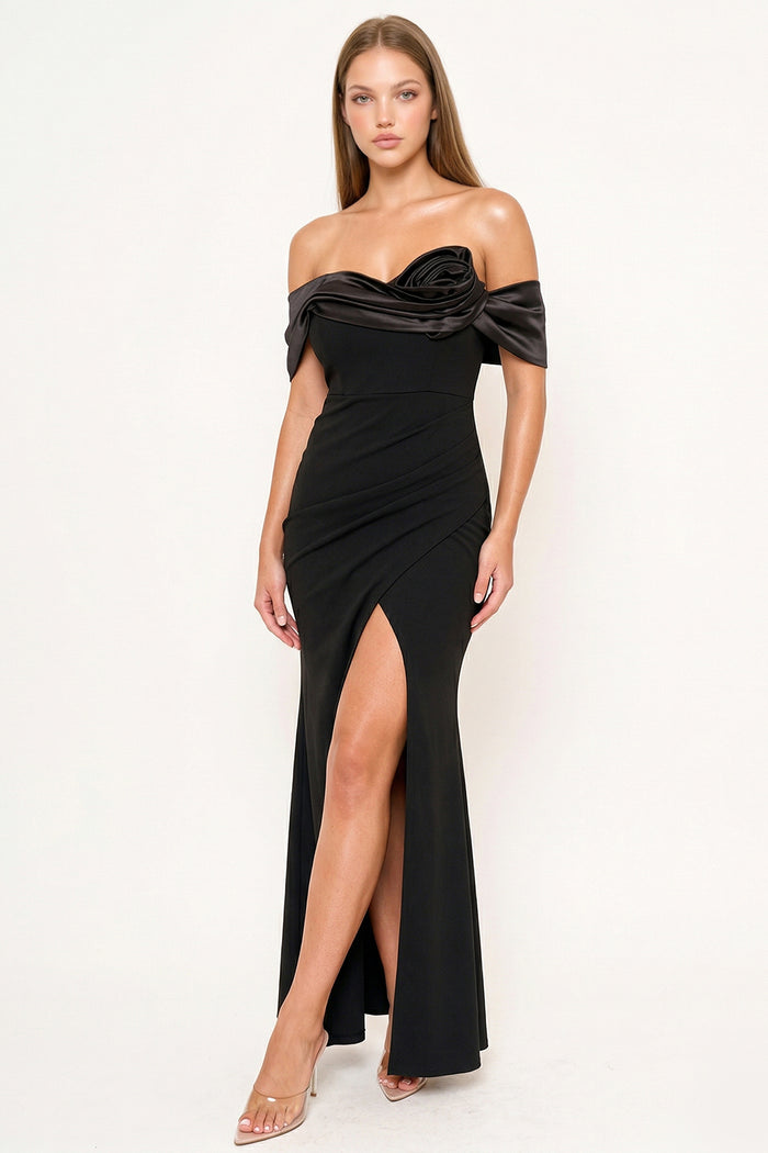 Symphony Dress - Rolled Up Flower Detail Off The Shoulder Maxi Dress | Zezebe