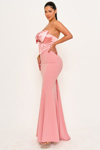 Symphony Dress - Satin Bow Bra Top With Contrast Fabric Maxi Dress | Zezebe