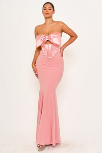 Symphony Dress - Satin Bow Bra Top With Contrast Fabric Maxi Dress | Zezebe