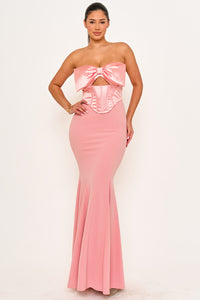 Symphony Dress - Satin Bow Bra Top With Contrast Fabric Maxi Dress | Zezebe