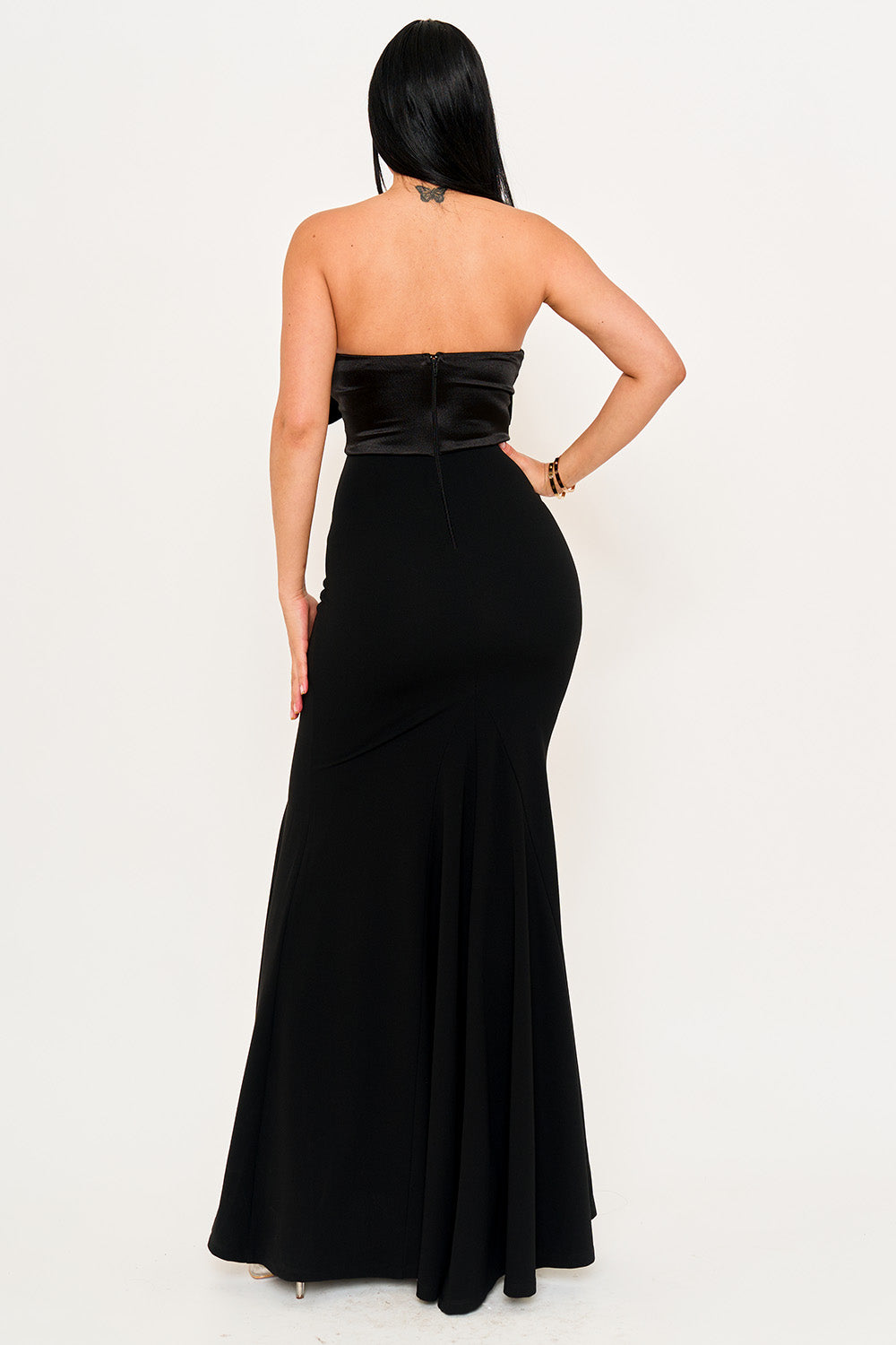 Symphony Dress - Satin Bow Bra Top With Contrast Fabric Maxi Dress | Zezebe