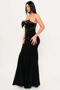 Symphony Dress - Satin Bow Bra Top With Contrast Fabric Maxi Dress | Zezebe