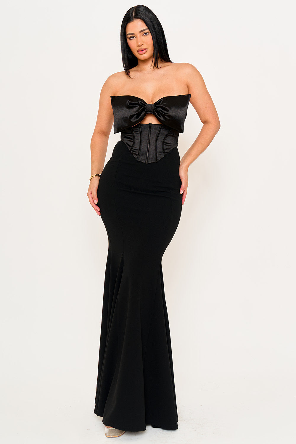 Symphony Dress - Satin Bow Bra Top With Contrast Fabric Maxi Dress | Zezebe