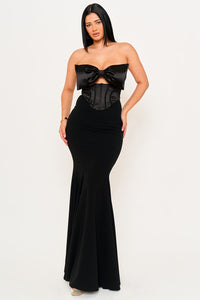 Symphony Dress - Satin Bow Bra Top With Contrast Fabric Maxi Dress | Zezebe