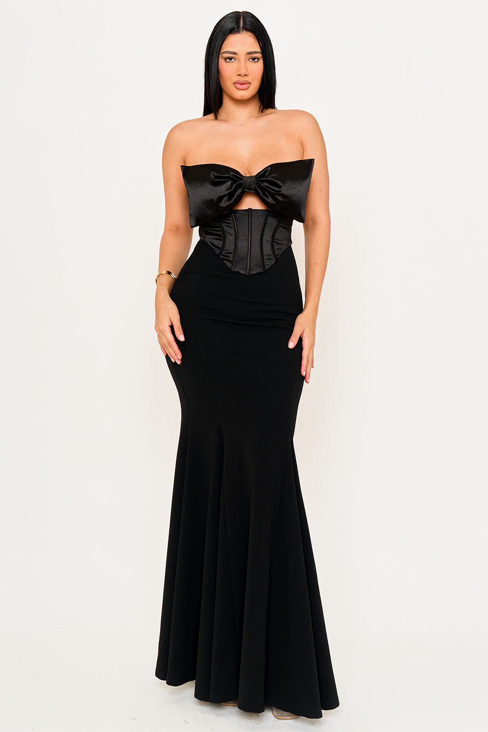 Symphony Dress - Satin Bow Bra Top With Contrast Fabric Maxi Dress | Zezebe