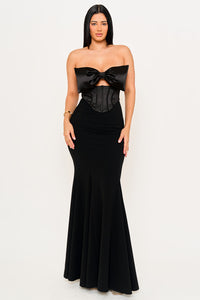 Symphony Dress - Satin Bow Bra Top With Contrast Fabric Maxi Dress | Zezebe