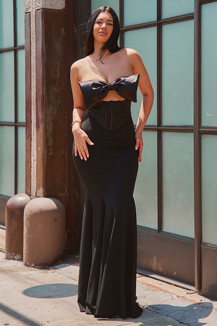 Symphony Dress - Satin Bow Bra Top With Contrast Fabric Maxi Dress | Zezebe
