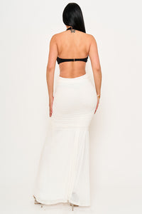 Two Tone Contrast Fabric Mermaid Maxi Dress