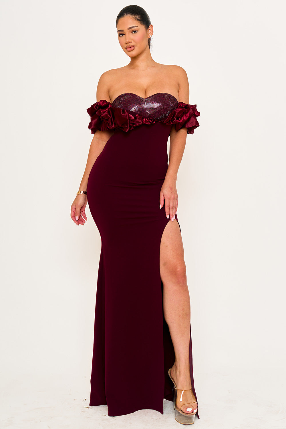 Symphony Dress - Satin Ruffle On Shoulder Maxi Dress | Zezebe