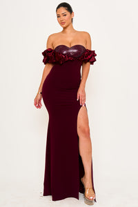 Symphony Dress - Satin Ruffle On Shoulder Maxi Dress | Zezebe