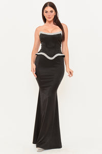 Symphony Dress - Rhinestone Tape Trim With Peplum Maxi Dress | Zezebe