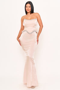 Symphony Dress - Rhinestone Tape Trim With Peplum Maxi Dress | Zezebe