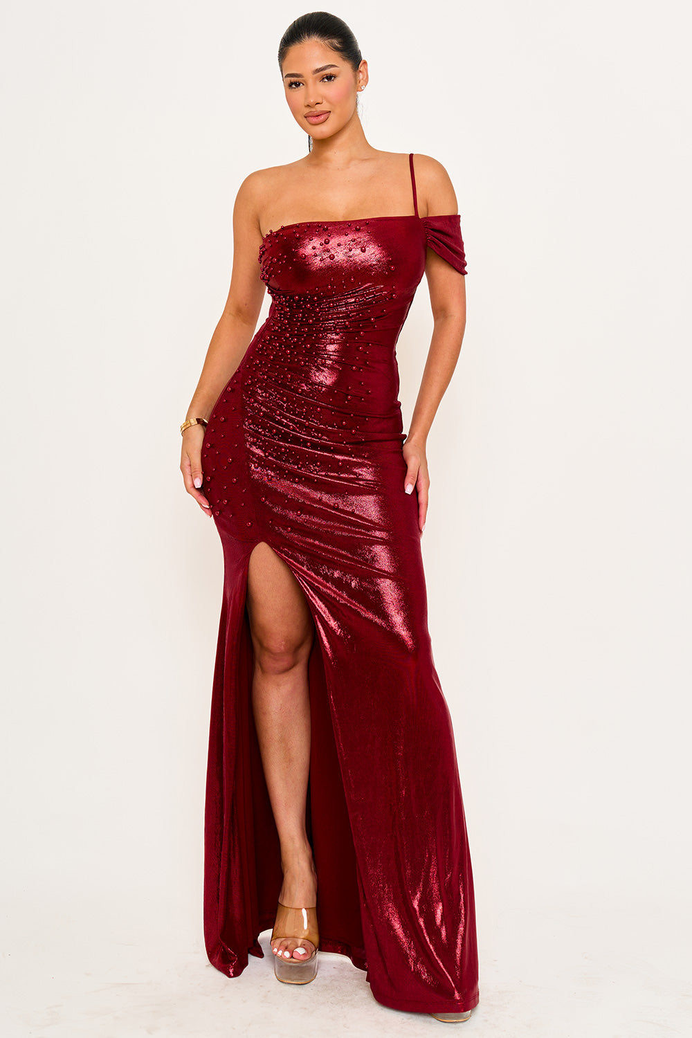 Symphony Dress - Faux Pearl Beaded On Foil Maxi Dress | Zezebe