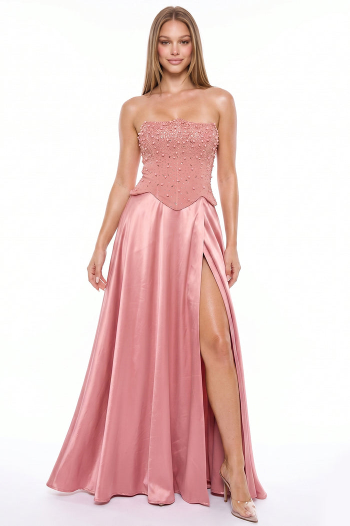 Gradation Rhinestone Top With Satin Skirt Maxi Dress