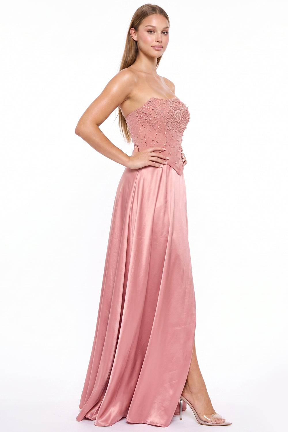 Gradation Rhinestone Top With Satin Skirt Maxi Dress