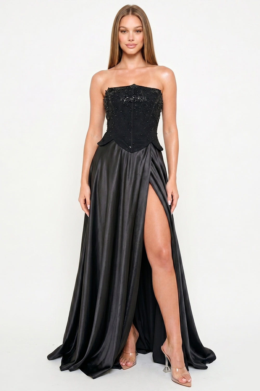 Gradation Rhinestone Top With Satin Skirt Maxi Dress