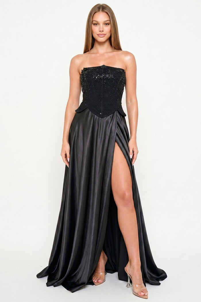 Gradation Rhinestone Top With Satin Skirt Maxi Dress
