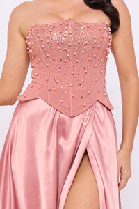 Gradation Rhinestone Top With Satin Skirt Maxi Dress