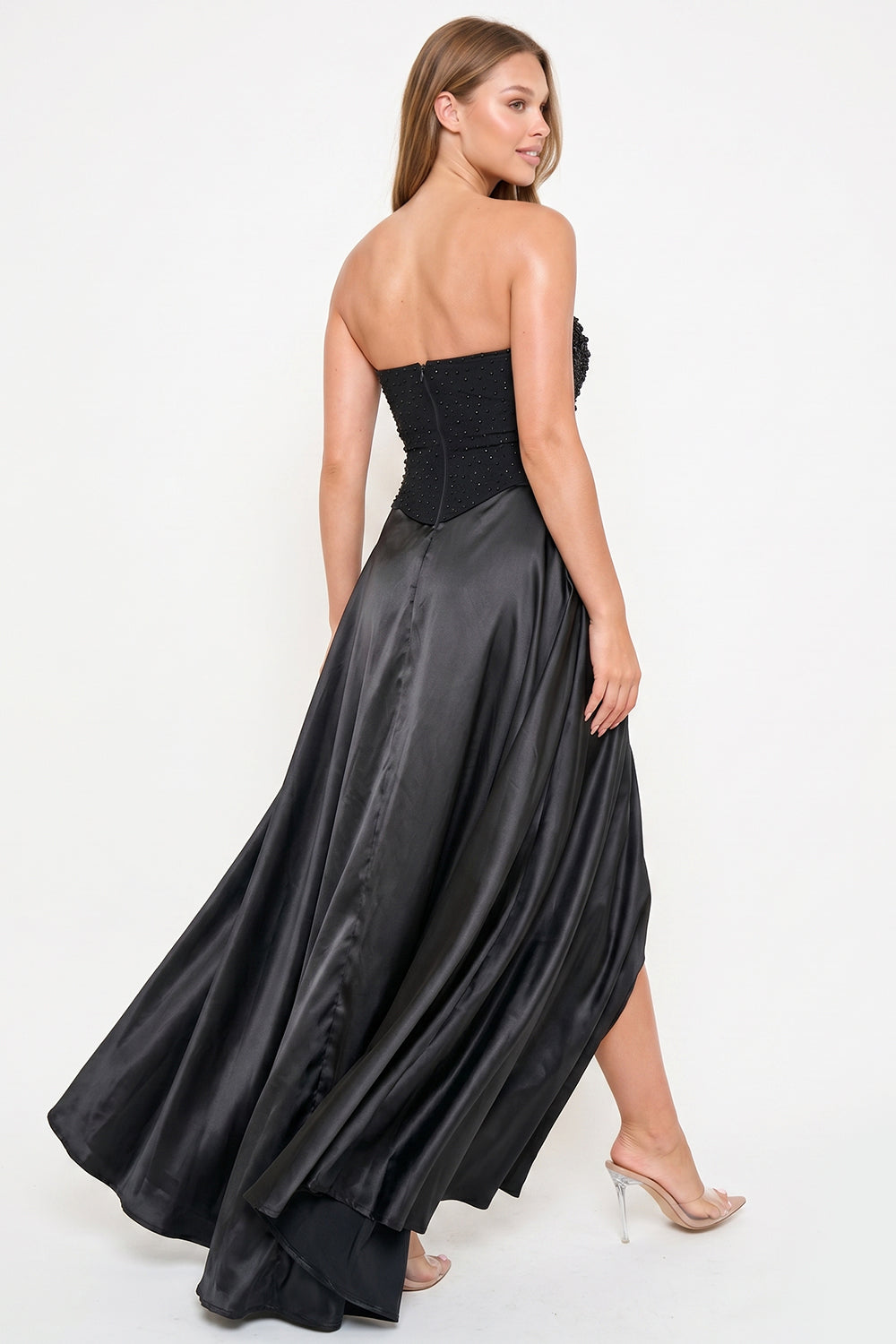 Gradation Rhinestone Top With Satin Skirt Maxi Dress