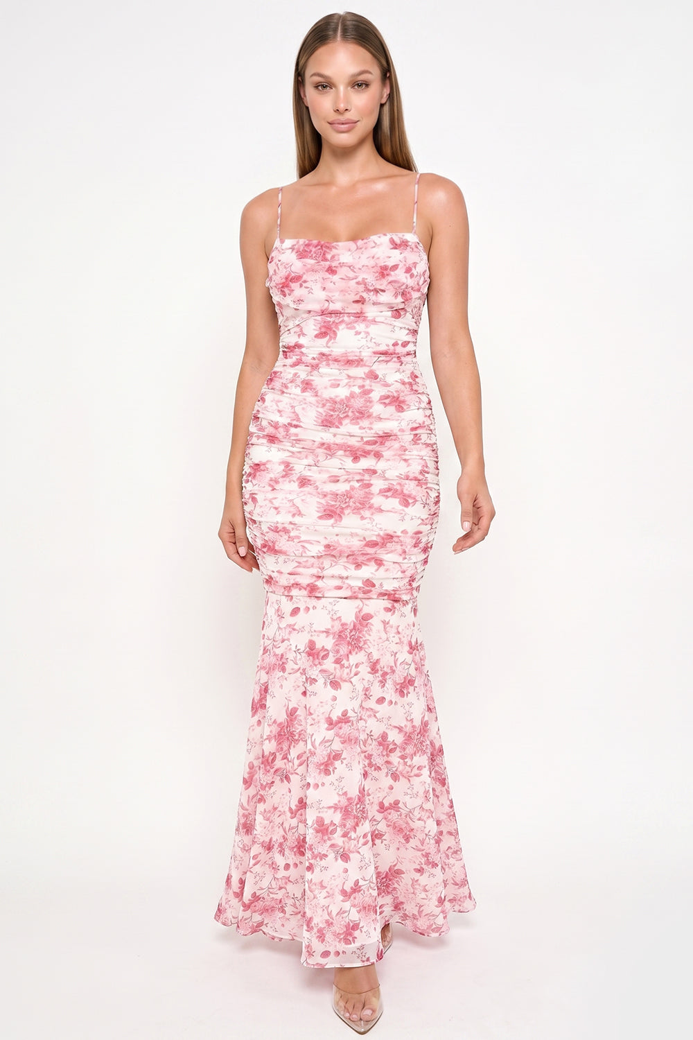 Floral Print Pleated Mermaid Maxi Dress